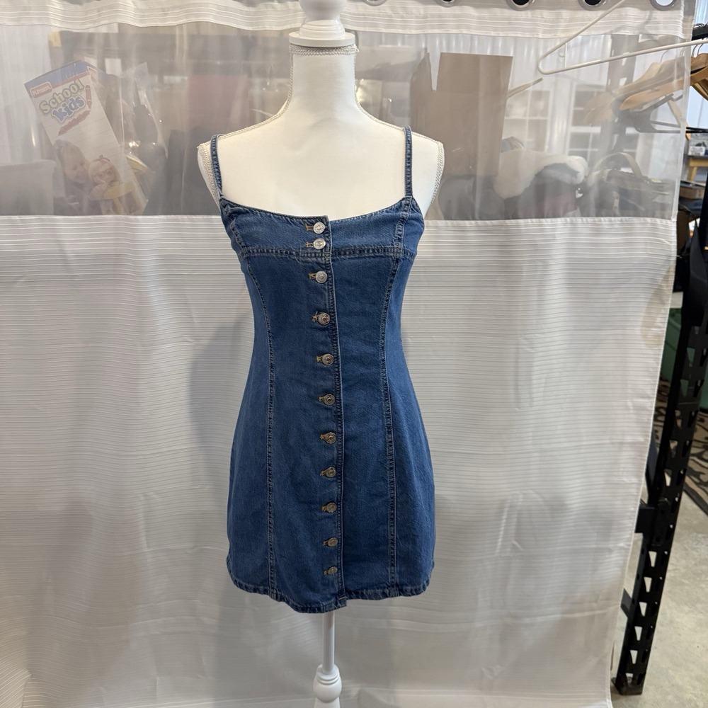 Zara‎ Denim Mini Dress XS Blue Button Front Bodycon Spaghetti Strap Cotton